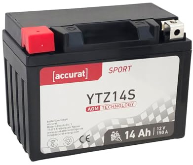 Accurat Motorradbatterie YTZ14S, AGM, 12V 14Ah, wartungsfrei, zyklenfest | kompatibel mit YTZ14-S, geeignet für Roller, Quad, rüttelfest, Starterbatterie, Erstausrüsterqualität, vorgeladen