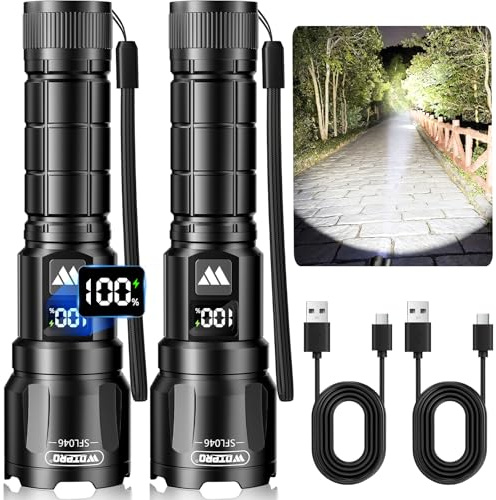 WdtPro Flashlight LED Rechargeable 2 Pack, 3 Modes Super Bright Flashlights High Lumens, Zoomable Tactical Linternas with LCD Digital Display, Powerful Handheld Flashlights for Home Emergency Camping