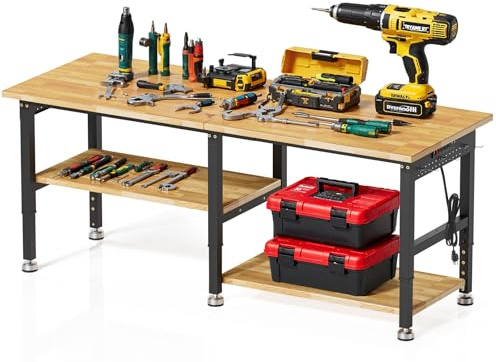 MUWOOD 72”Heavy Duty Work Bench, 2-Layer Adjustable Workbench, 5000 LBS Capacity Work Bench with Power Outlet & Pegboard, Rubber Wood Work Table for Garage, Workshop, Office, Home