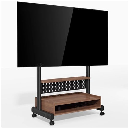 Soporte de carrito de TV móvil con ruedas para televisores LCD de 40 a 85 pulgadas, soporte de suelo portátil ajustable en altura con estante de madera y armario de almacenamiento, carrito de TV