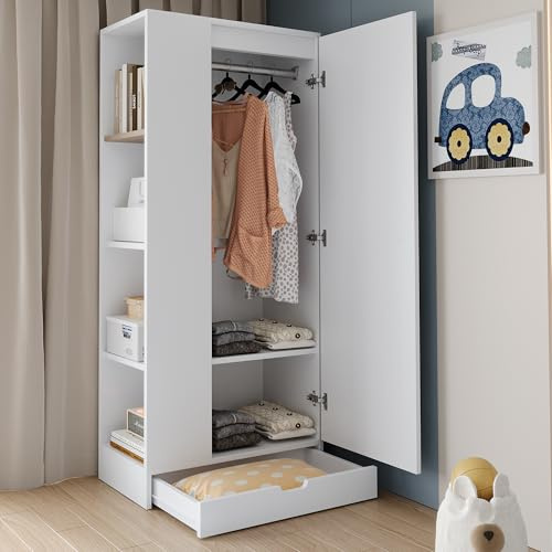 Kebnor Kleiderschrank 70 * 40 * 170cm, eintürige Ausführung, mit Einlegeböden und Schubladen, Reines Weiß