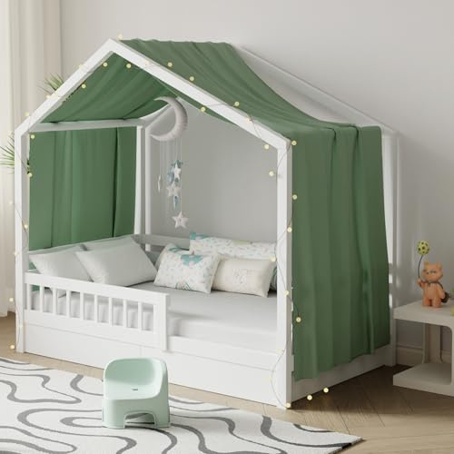 Pacok Hausbett Himmel mit Lichterkette Deko 1 Stück 135 x 420 cm Grün | Baldachin Hausbett Vorhang,Betthimmel Stoffhimmel Hausbett für Mädchen Jungen Kinderbett