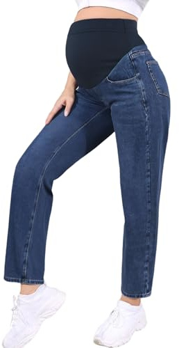 Fldy mammajeans regular fit stretch justerbar hög midja raka jeans för gravida kvinnor, Mörkblå, M