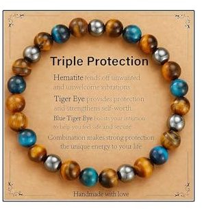 AstraGlam Pulsera de Triple Protección con 8mm de Ojo de Tigre, Ojo de Tigre Azul y Hematita – Fuerza, Protección y Equilibrio para Hombres y Mujeres, Regalo para el Día de la Madre, Día del Padre,