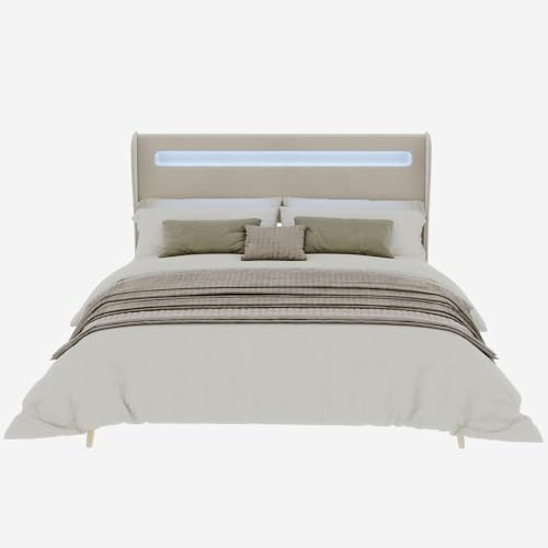Letto imbottito moderno e minimalista con morbida testiera, 160x200 cm, beige, mobile multifunzionale per camera da letto, base bassa senza contenitore (senza meccanismo di sollevamento a gas), mater