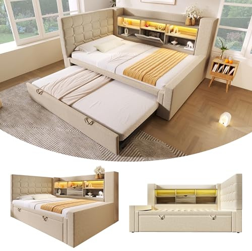 Kebnor Cama tapizada de 90 x 200 cm con cama nido de 90 x 190 cm, con iluminación LED, cabecero en forma de L con espacio de almacenamiento, montaje por ambos lados, somier, lino (sin colchón) (beige)