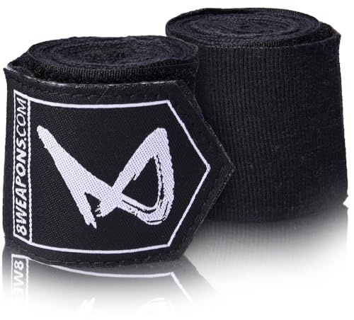 8 WEAPONS Boxbandagen 2m, Halbelastisch, Schwarz, Ideal für Training und Wettkampf, Verstärkter Klettverschluss, Bandagen für Muay Thai, K1, Boxen, MMA und Kickboxen