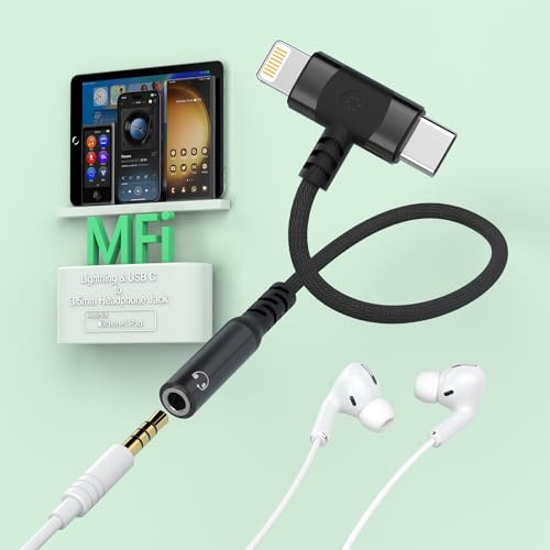 Lightning + USB C to 3.5mm Headphone Jack Adapter, 2 in 1 Headphone Adapter,[MFi Certified]iPhone Aux Audio Adapter,USB C to 3.5mm Jack Audio Adapter for iPhone 15/Pro Max/14/13/12/iPad/Samsung Galaxy