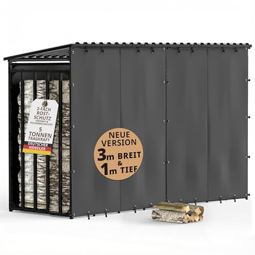 LAWA Living and Lifestyle Kaminholzregal außen Metall Dach 300x105x185cm | 5m³, für 1m I 33cm I 25cm Holzscheite, verzinkte Stapelhilfe Brennholz, wetterfest, 3m Feuerholzregal, Garten Holzunterstand