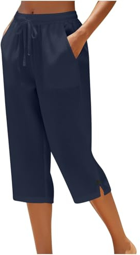 Womens Cropped Trousers Elasticated High Waist Relax Fit Cotton Linen Ladies 3/4 Length Capri Pants Straight Wide Leg Trousers Casual Everyday Soft Lightweight Plain Three Quarter Pants