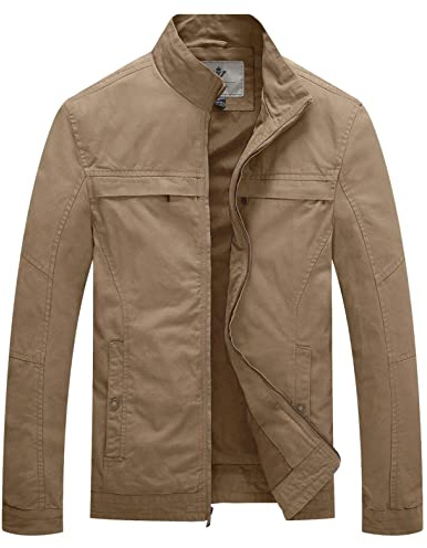 WenVen Casual jacka för män för utomhusbruk, lätt bomullsrock, klassisk jacka, vindtät sommarjacka, Harrington-jacka, Khaki, S