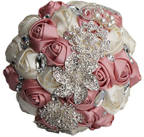 Fouriding Handgemachte Brosche Brautstrauß Braut Satin Rosen Blumen Strass Perlen Blumensträusse Hochzeit Strauß Künstliche Blumen Blumenstrauß künstlicher Rosenstrauß Deko (Blasses Rosa Cremig)