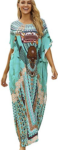L-Peach Donna Stampato Kaftan Abito Lungo da Spiaggia Parei Copricostume Copribikini Cover ups