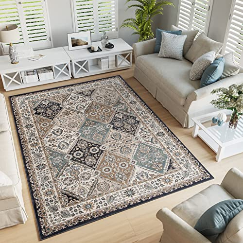 TAPISO Dubai Teppich Kurzflor Beige Orientalisch Traditionell Klassisch Mosaik Ornament Floral Blumen Design Schlafzimmer Wohnzimmer ÖKO-TEX 80 x 150 cm