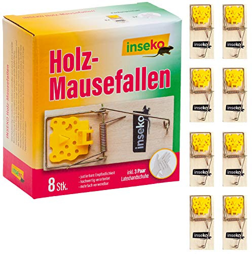 inseko 8X Mausefallen – Holz/Metall – Wiederverwendbare Schlagfalle – inkl. Handschuhe