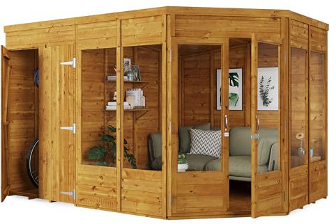 BillyOh Corner Summerhouse Log Cabin with Side Garden Storage Shed 11 x 7 Wooden Summer House Penton Summerhouses 11x7 Spray Treated (Store on Left)