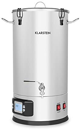 Klarstein Maischfest - Bierbrauset, Maischekessel, Bierbrauanlage mit 2 Stufen: 1500/3000 W, Bier Brauen 5-teiliges Set, Filtrier-Eimer, Kühlspirale, LCD-Display, Edelstahl, 25 Liter, Edelstahl