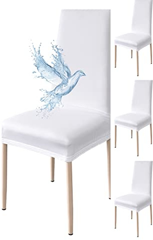 Poligino Coprisedie con Schienale 4 Pezzi Elasticizzati, Impermeabili, Misura Universale, Coprisedia Soggiorno Cucina Moderna Lavabile Estraibile - Bianco Puro