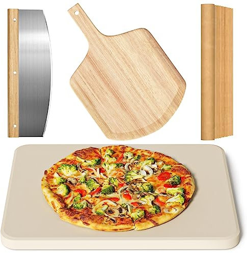 Juego de 4 piedras rectangulares para pizza, piedra grande de pizza de 15 pulgadas para horno y parrilla con cáscara de pizza (roble), cortador de pizza y 10 piezas de papel de cocina gratis, piedra