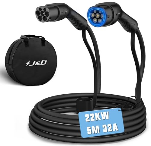 J&D Type 2 to Type 2 Charging Cable with Carry Bag, | 3 Phase | 32A | 22KW | Mode 3 | 5 Meters, Compatible for Model S/X/Y/3, ID.3, ID.4, E-Tron, e-208, i3, Kona EV, etc