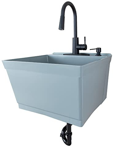 JS Jackson Supplies Tehila Grey Wall-Mounted Utility Sink Tub Kit with Black Pull-Down Faucet, Wall-Mounted Utility Tub with Wall Bracket for Laundry Room, Garage, Workshop