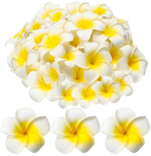 Crowye 120 Pcs Artificial Plumeria Flower Hawaiian White Foam Frangipani Petals Cap Hair Hat Wreath Floral DIY Craft for Home Beach Wedding Party Decoration (2.4 Inch)