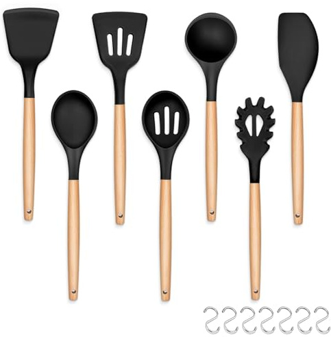 Kitchen Utensils Set, HaWare 7 Pcs Silicone Cooking Utensils with Wooden Handle, Includes Spatula/Ladle/Slotted Turner/Serving Spoon/Pasta Server, Non-Stick Cookware Friendly & Heat Resistant-Black
