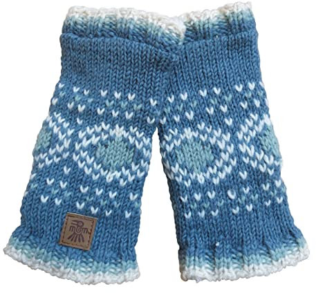 Pachamama Damen-Handwärmer, Wolle, Sherpa-Fleece, gefüttert, handgestrickt, Blumenkopfmuster, Blaugrün, Einheitsgröße, handgefertigt, extra warm, Fair Trade