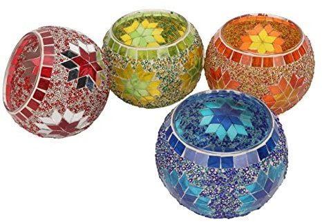 Tealight Holders Tea Light 4 Pack Glass Candle 4 Pack Glass Candle Holders Vintage Jar Tea Light Holder Romantic Mosaic Glass Candle Holder Decoration for Home Bar Dinner Mosaic