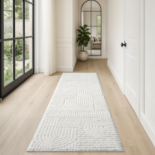 payé Teppich Läufer fürs Flur - 80x300cm - Hochflor - Boho - Pastell Creme - Einfarbig - Modern Geometrische Muster- Skandinavisch Flauschig Weich - Schlafzimmer