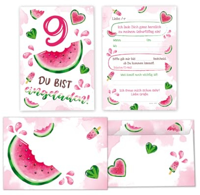 Minkocards 12 Einladungskarten incl. 12 Umschläge zum 9. Kindergeburtstag Mädchen Wassermelone Einladung neunte Geburtstag Mädchengeburtstag Geburtstagseinladungen