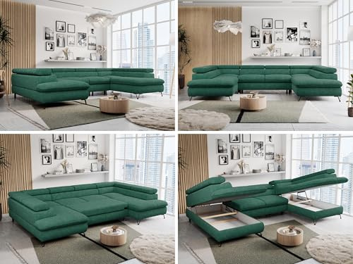 MKS MEBLE Sofa U-Form, Wohnlandschaft U-Form, Sofa mit Schlaffunktion und Bettkasten, Schlafsofa mit Bettkasten, Couch mit Verstellbare Kopfstützen - Peter U - Türkis Struktur (ohne Topper)