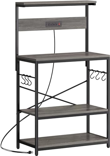 SUPERJARE Bakers Rack with Power Outlets, Microwave Stand, 31.5 X 16.5 Inch Larger Desktop, Kitchen Storage Rack with Adjustable Middle Shelf, 6 S-Shaped Hooks, Coffee Bar Stand, Grey