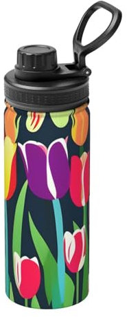 Yqxwjl Botella de agua colorida con estampado de tulipanes, botella de acero inoxidable, botella de agua deportiva para hombres y mujeres