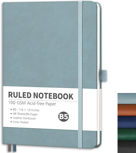 RETTACY Notizbuch B5 Liniert – 96 nummerierte Seiten, 100 g/m² Papier | Journal & Tagebuch, Softcover, kein Tintenfresser, Innentasche – für Berufstätige, Studenten, Meetings - Graublau