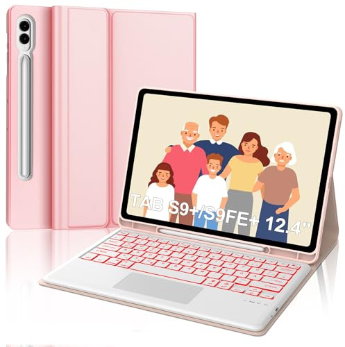 Tastatur für Samsung Galaxy Tab S10+/S9FE+/S9+ con Touchpad, Hülle Tastatur Kompatibel mit Samsung Tab S9/S9FE/S10 Plus 12.4 Zoll 2023/2024, 7-Farbige Beleuchtung Magnetisch mit QWERTZ Layout, Rosa