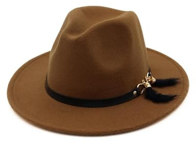 FULUJIDI Fedora Trilby Filzhut Hut Frauen Männer Fedora Hut Mit Gürtel Feder Vintage Panama Cap Breite Flache Krempe Jazz Cap Für Party 55 To58Cm Khaki