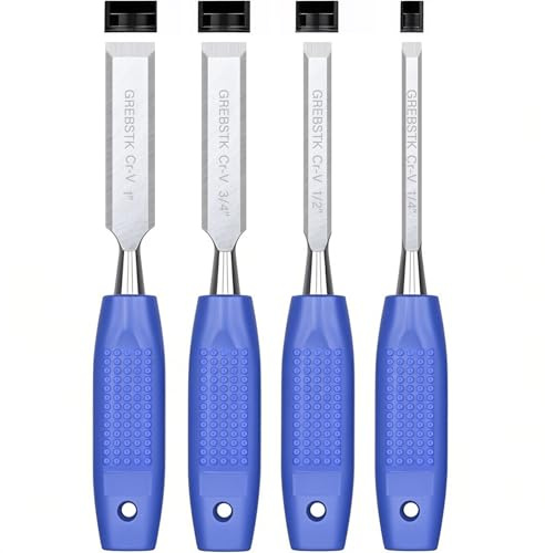 GREBSTK 4-teiliges scharfes Holzstechbeitel-Set, abgeschrägte CR-V-Stahl-Klingen mit Schutzkappen, komfortabler, langlebiger Griff, für Schnitzen, Heimwerken & Holzbearbeitung (6mm,13mm,19mm,25mm)