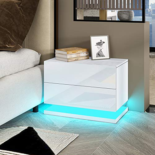Nachttisch mit Led Holznachttisch Nachttischschrank mit 2 Schubladen Sofatisch für Schlafzimmer Wohnzimmermöbel (Weiß)
