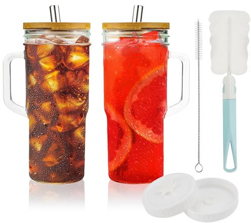 Glass Cups with Bamboo Lids and Straws - 600 ml Tumbler With Handle - 2 Pack Mason Jar with Lid and Straw - Wide Mouth Reusable Drinking Glasses - Boba Cup Smoothie Tumbler Iced Coffee Cup Travel Mug