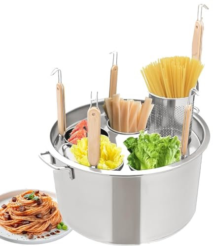Kindevieft Set Inserto Cuocipasta 4/5 Fori, Cestello Scolapasta con Supporto per Pentola per Pasta, Pentola per Pasta in Acciaio Inox con Coperchio per Cucina di Casa Ristorante Cucina,5Holes