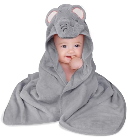 Aolso Huvhandduk baby, 80 x 80 cm babyhandduk huva, babytvättlappar, korallfleece, babyhandduk med huva för nyfödda, mjuk och superabsorberande, unisex (grå elefant)