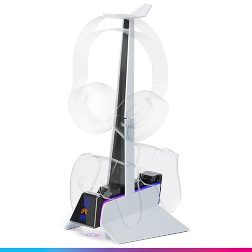 Oniverse Ladegerät für PS5-Controller – Schnellladestation, 2 Stunden mit Halterung für Controller und PS5-Zubehör, Doppel-Ladegerät kompatibel mit DualSense, abnehmbare Halterung für Kopfhörer