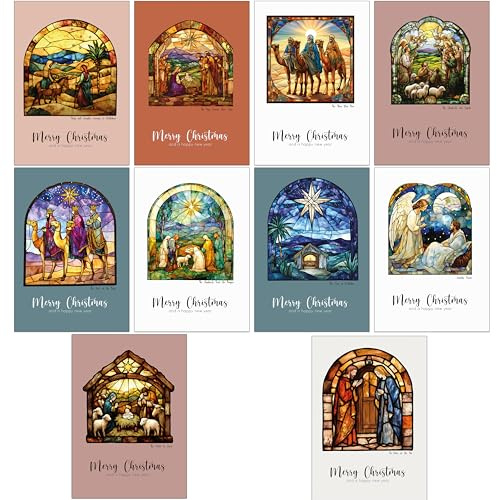 30 tarjetas navideñas religiosas con 10 diseños artísticos diferentes de vidrieras y 30 sobres marrones kraft hechos de papel reciclado