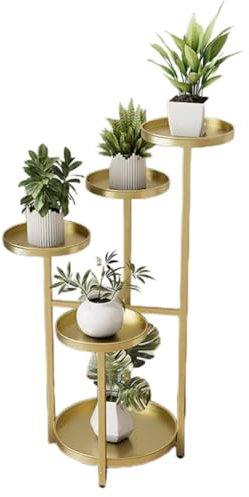 5 Etagen Blumenständer, Metall Pflanzenständer Blumentreppe Mit Rund Tablett, Mehrstöckig Blumenregal Pflanzenregal for Draußen Innen Garten Balkon Wohnzimmer(Gold)