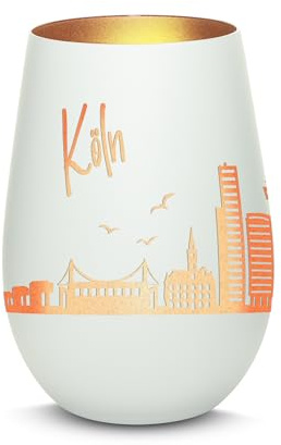 Gravur-Max Windlicht mit 360° Gravur Skyline Köln Deko Glaslicht als tolles Geschenk mit Einer hochwertigen Lasergravur zu jedem Anlass in der Farbe Weiß/Bronze
