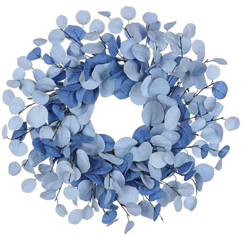 Künstlicher Eukalyptuskranz Ø 46 cm – Türkranz mit Grapevine-Basis, Dekokranz in Blau – Kunstkranz für Haustür, Wanddeko, Fenster & Herbst Frühling Dekoration
