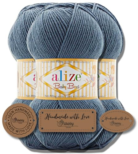 Hobby YARN 3x Etikettenlabel mit Alize Baby Best Wolle Premium 3x100g als Set, Antipilling Babywolle Acryl Uni & Batik Strickgarn zum Häkeln und Stricken (418)
