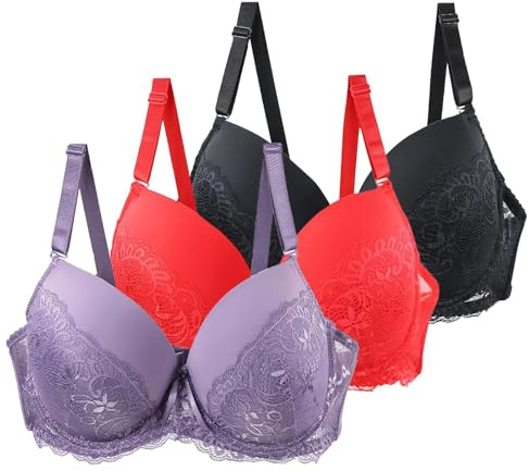 Shffuw 3 Pack Push Up Bras for Women UK Sexy Floral Lace Comfit Padded Support Underwire Bralettes Full Coverage Comfort Everyday Minimiser Plus Size Sports Wireless Bras Ladies Underwear Womens Bra