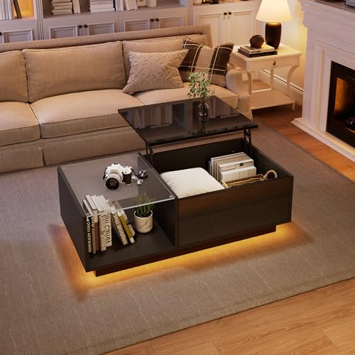Couchtisch Höhenverstellbar, Couchtisch Holz mit Hebeplatte, Offenem Stauraum und Glas Ablagen, Wohnzimmertisch mit LED-Beleuchtung und Bluetooth-APP-Steuerung, Schwarzer Kaffeetisch für Wohnzimmer